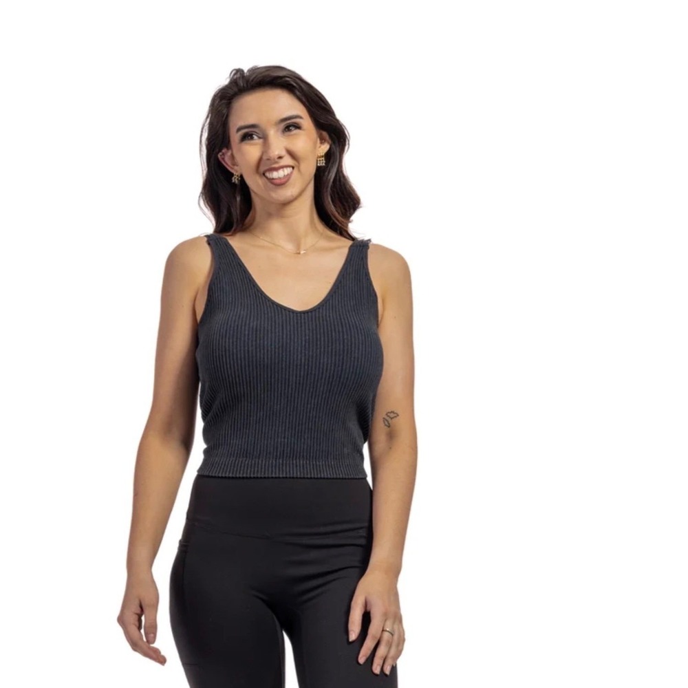 Ava Lane‎ Boutique Amelia Ribbed V-Neck Tank Top Black XS/S Mineral Wash Brami